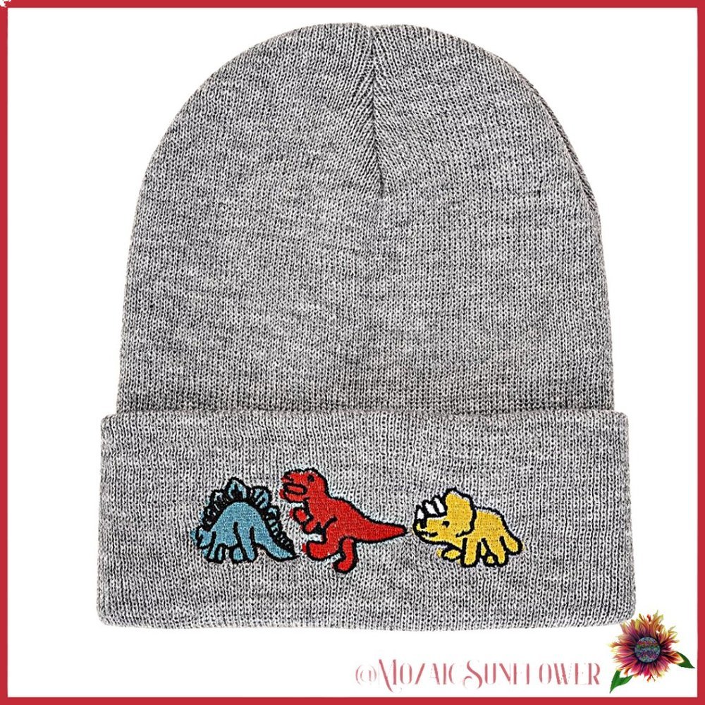 Kids EMBROIDERED Colorful Dancing Dinosaur Heather Grey Beanie NWT